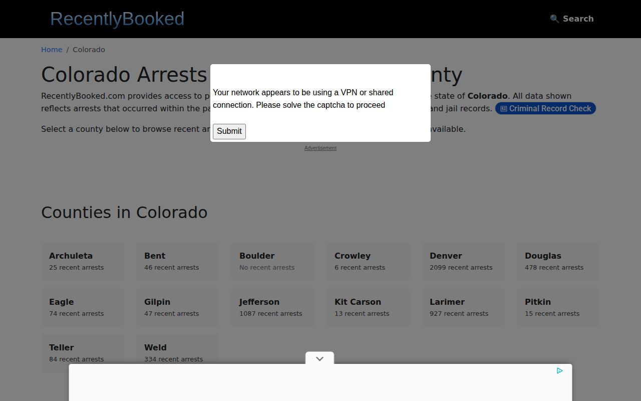 Recently Booked Colorado index without Cheyenne County coverage