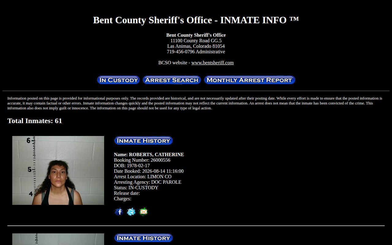 Cheyenne County contract-jail custody search through Bent County