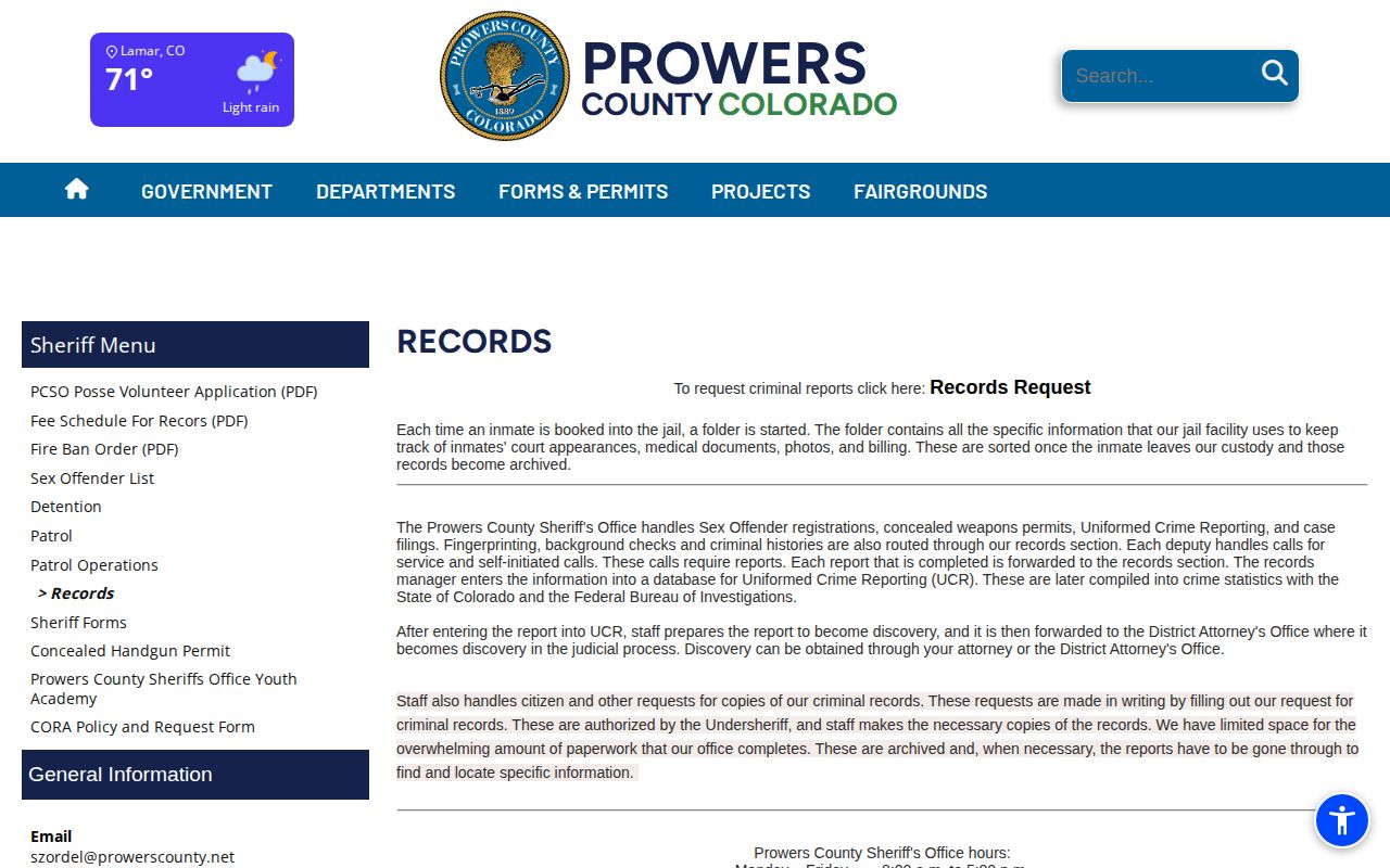 Cheyenne County booking record route through Prowers County records